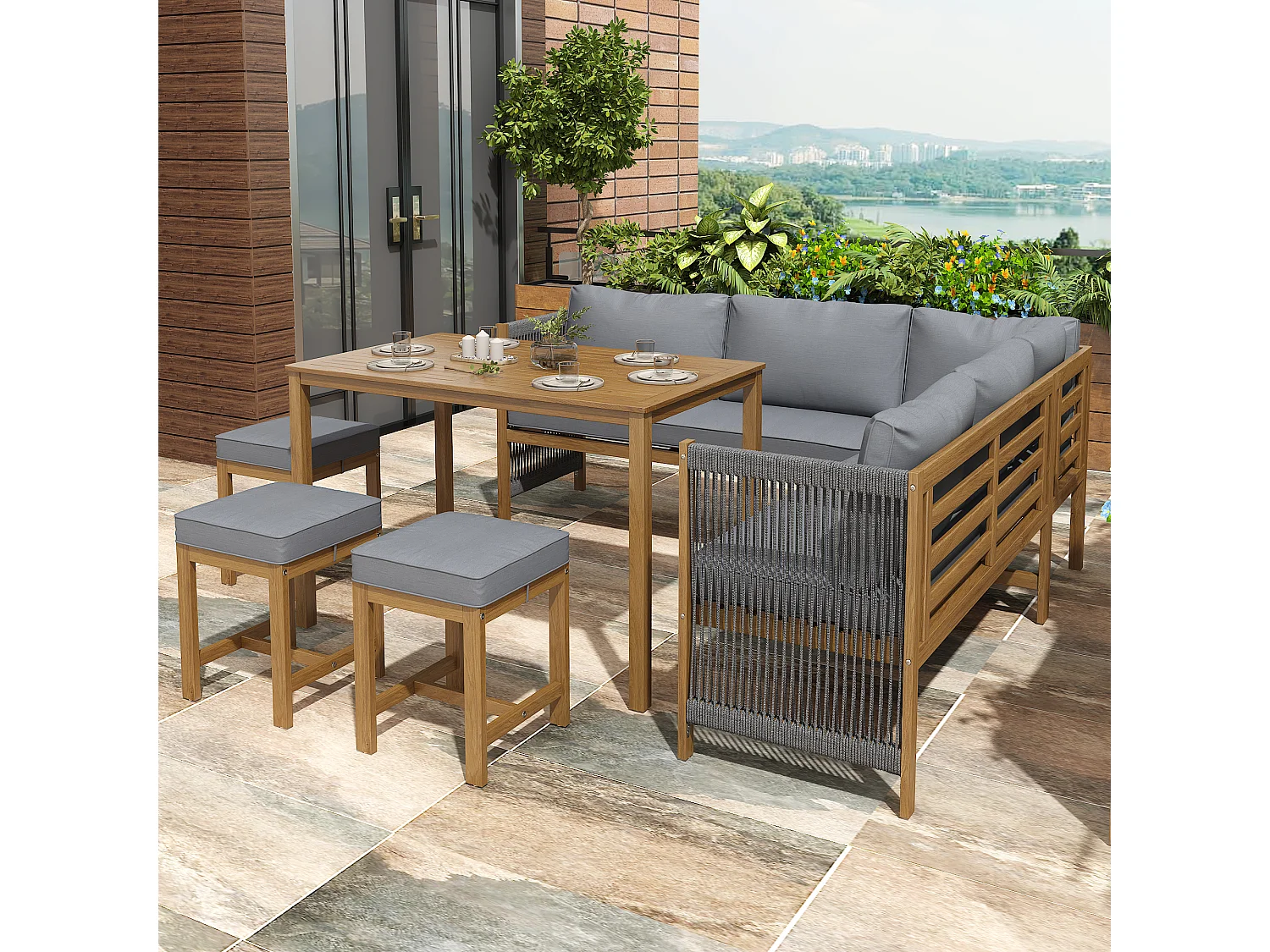 Tuinset voor buiten, inclusief kussens, van kunstrotan en acaciahout, kleur grijs en naturel hout