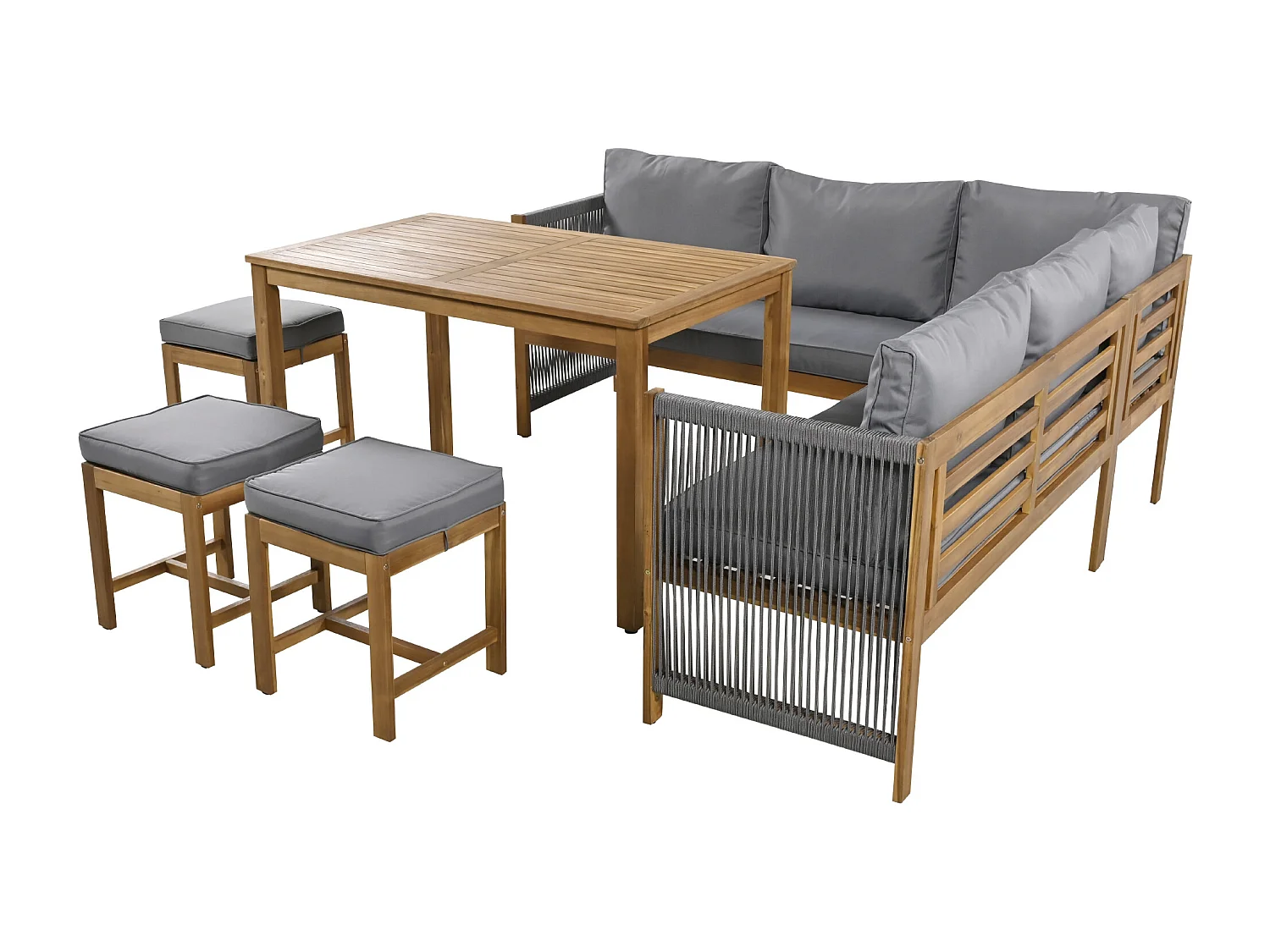 Tuinset voor buiten, inclusief kussens, van kunstrotan en acaciahout, kleur grijs en naturel hout