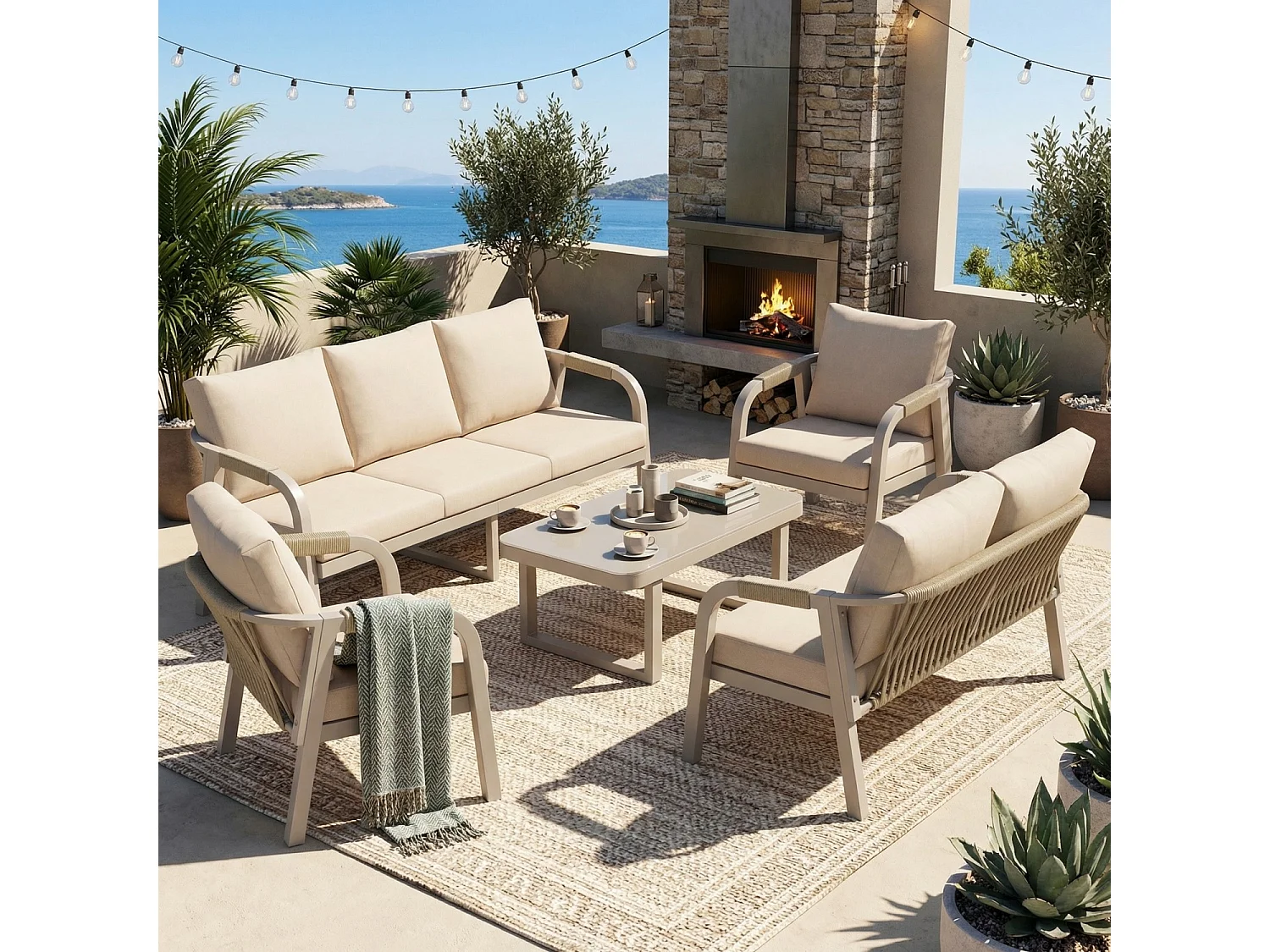 Ensemble de jardin pour 7 personnes, plateau en verre, structure en fer galvanisé, design en corde tressée, beige