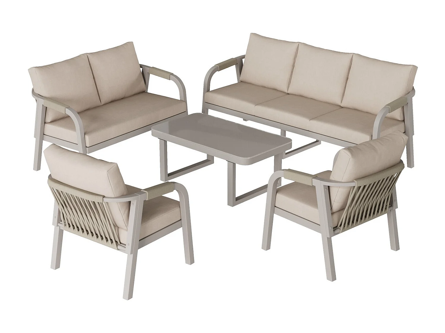 Ensemble de jardin pour 7 personnes, plateau en verre, structure en fer galvanisé, design en corde tressée, beige