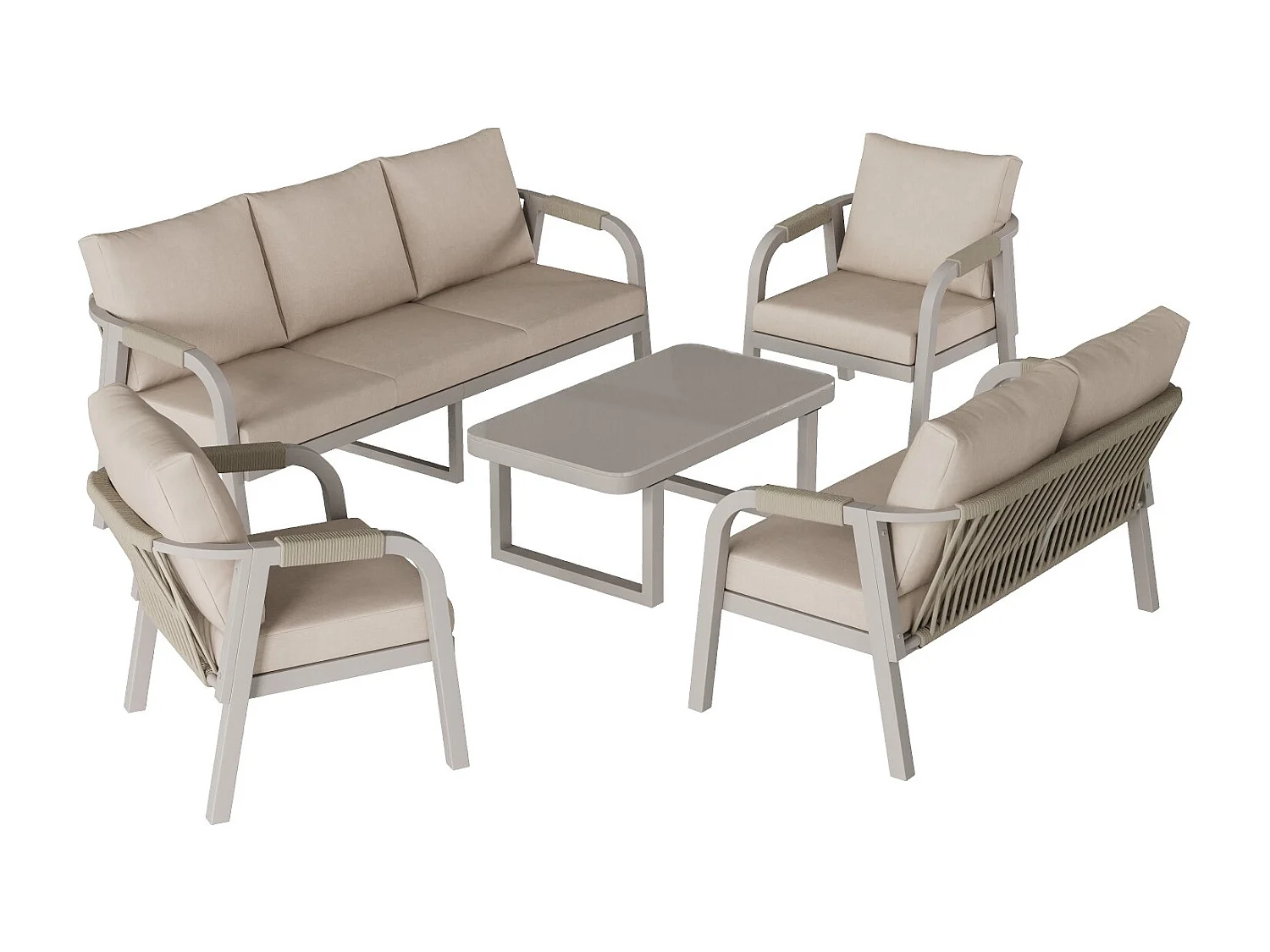 Ensemble de jardin pour 7 personnes, plateau en verre, structure en fer galvanisé, design en corde tressée, beige