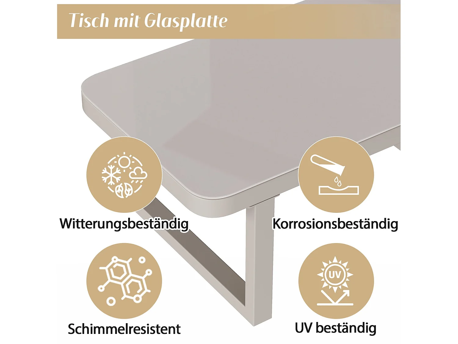 Ensemble de jardin pour 7 personnes, plateau en verre, structure en fer galvanisé, design en corde tressée, beige