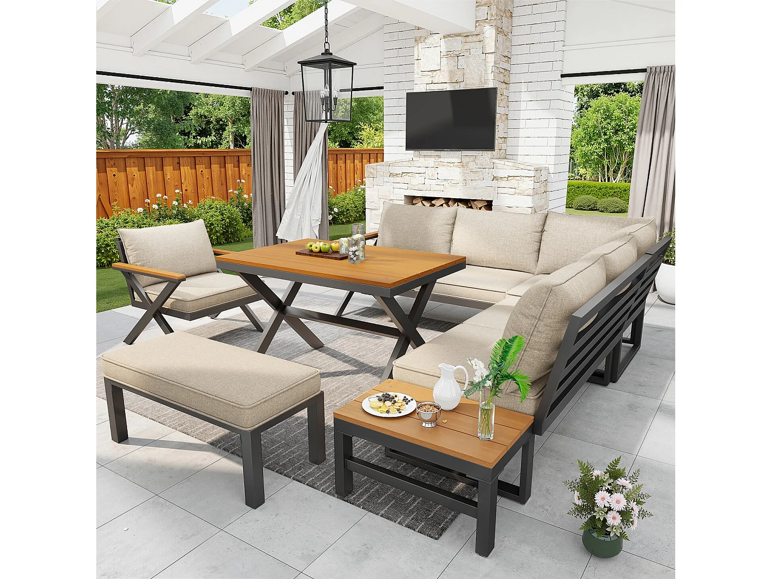 Ensemble de sièges d'extérieur modulaires, structure métallique robuste, coussins et table en bois, repose-pieds réglables, beige