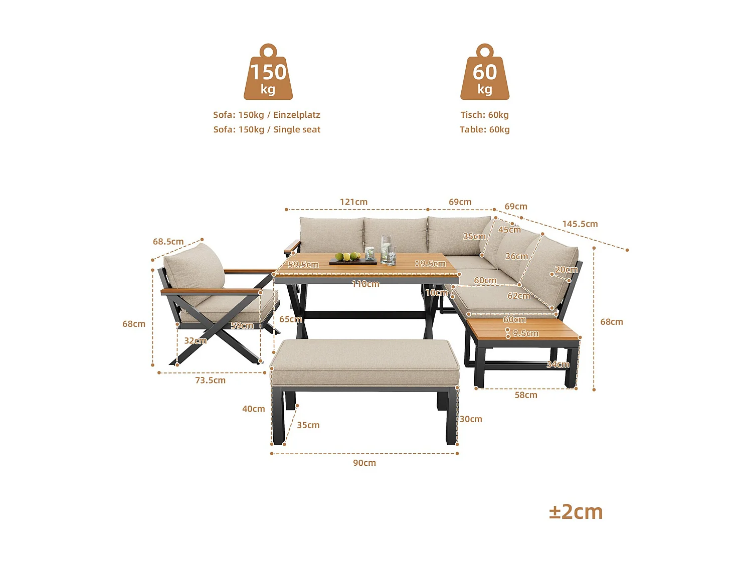 Ensemble de sièges d'extérieur modulaires, structure métallique robuste, coussins et table en bois, repose-pieds réglables, beige
