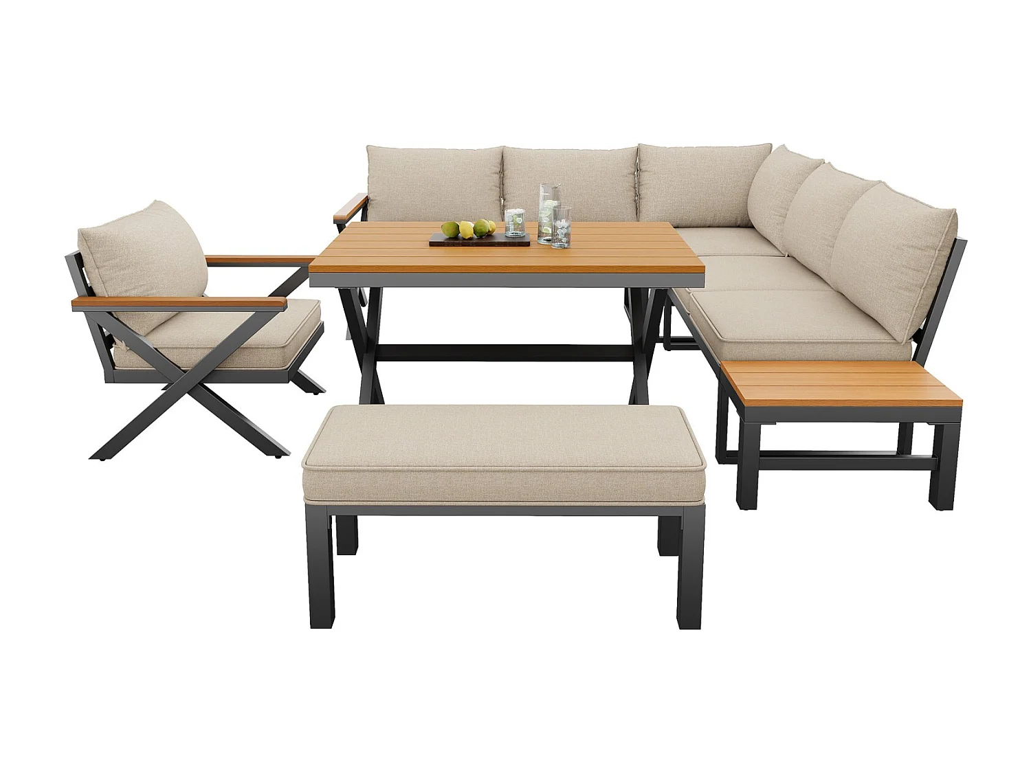 Ensemble de sièges d'extérieur modulaires, structure métallique robuste, coussins et table en bois, repose-pieds réglables, beige