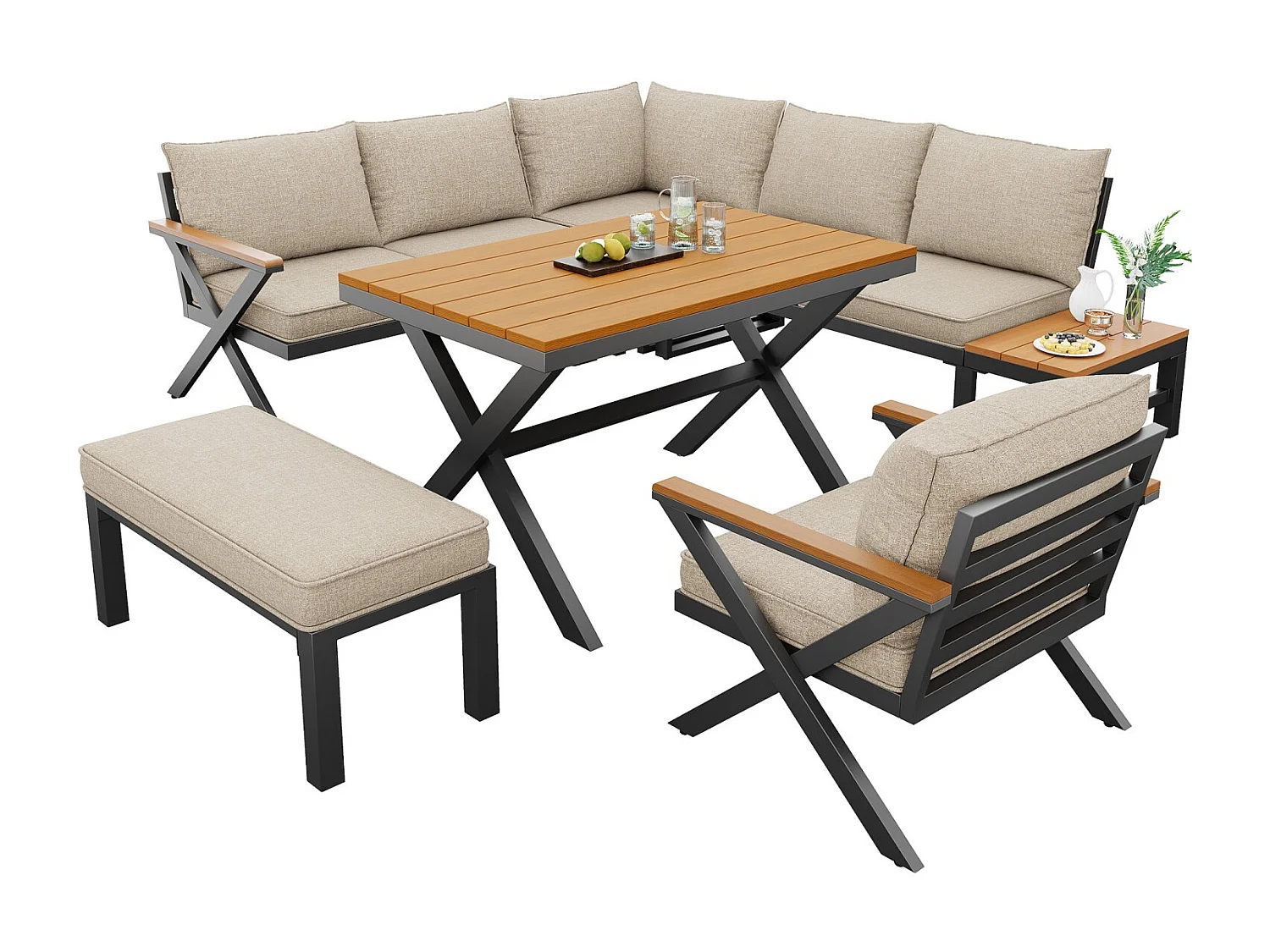 Ensemble de sièges d'extérieur modulaires, structure métallique robuste, coussins et table en bois, repose-pieds réglables, beige