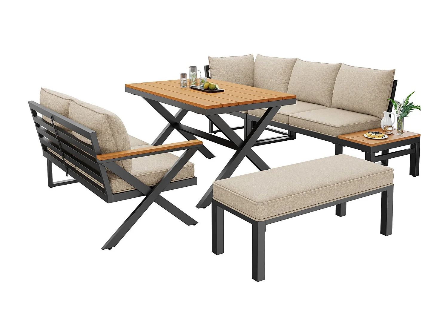 Ensemble de sièges d'extérieur modulaires, structure métallique robuste, coussins et table en bois, repose-pieds réglables, beige