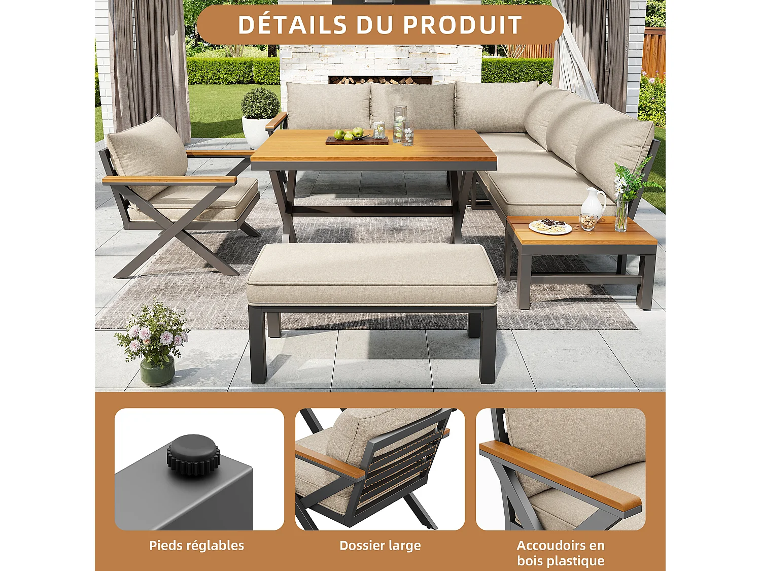 Ensemble de sièges d'extérieur modulaires, structure métallique robuste, coussins et table en bois, repose-pieds réglables, beige