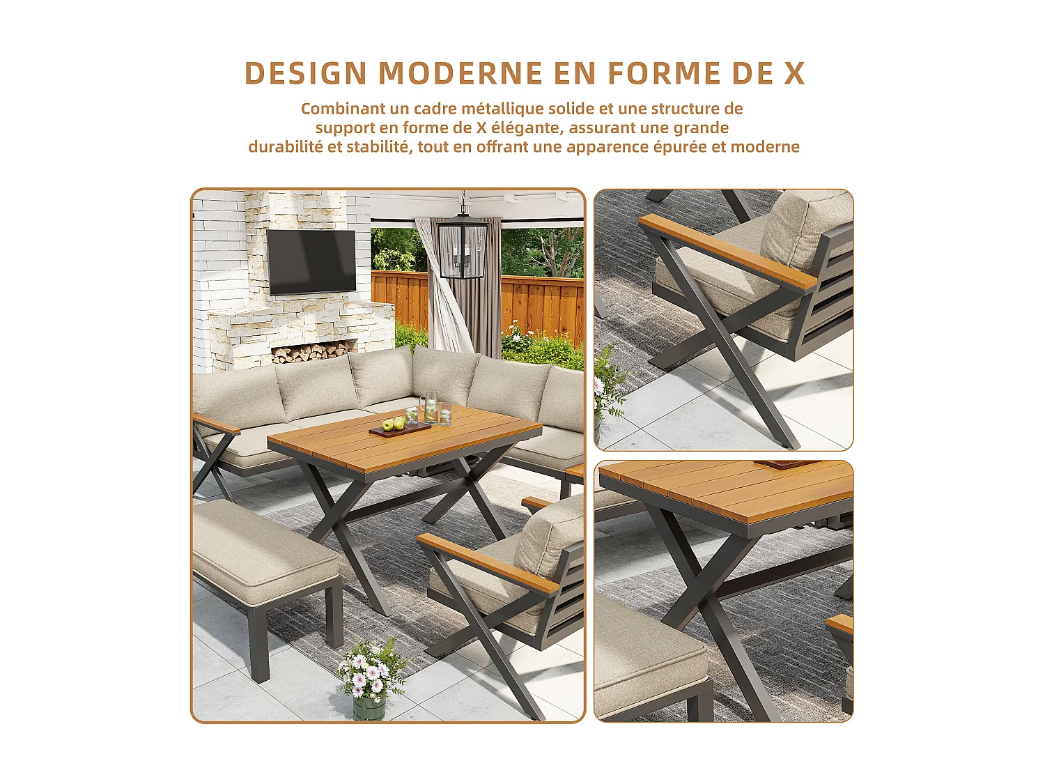 Ensemble de sièges d'extérieur modulaires, structure métallique robuste, coussins et table en bois, repose-pieds réglables, beige