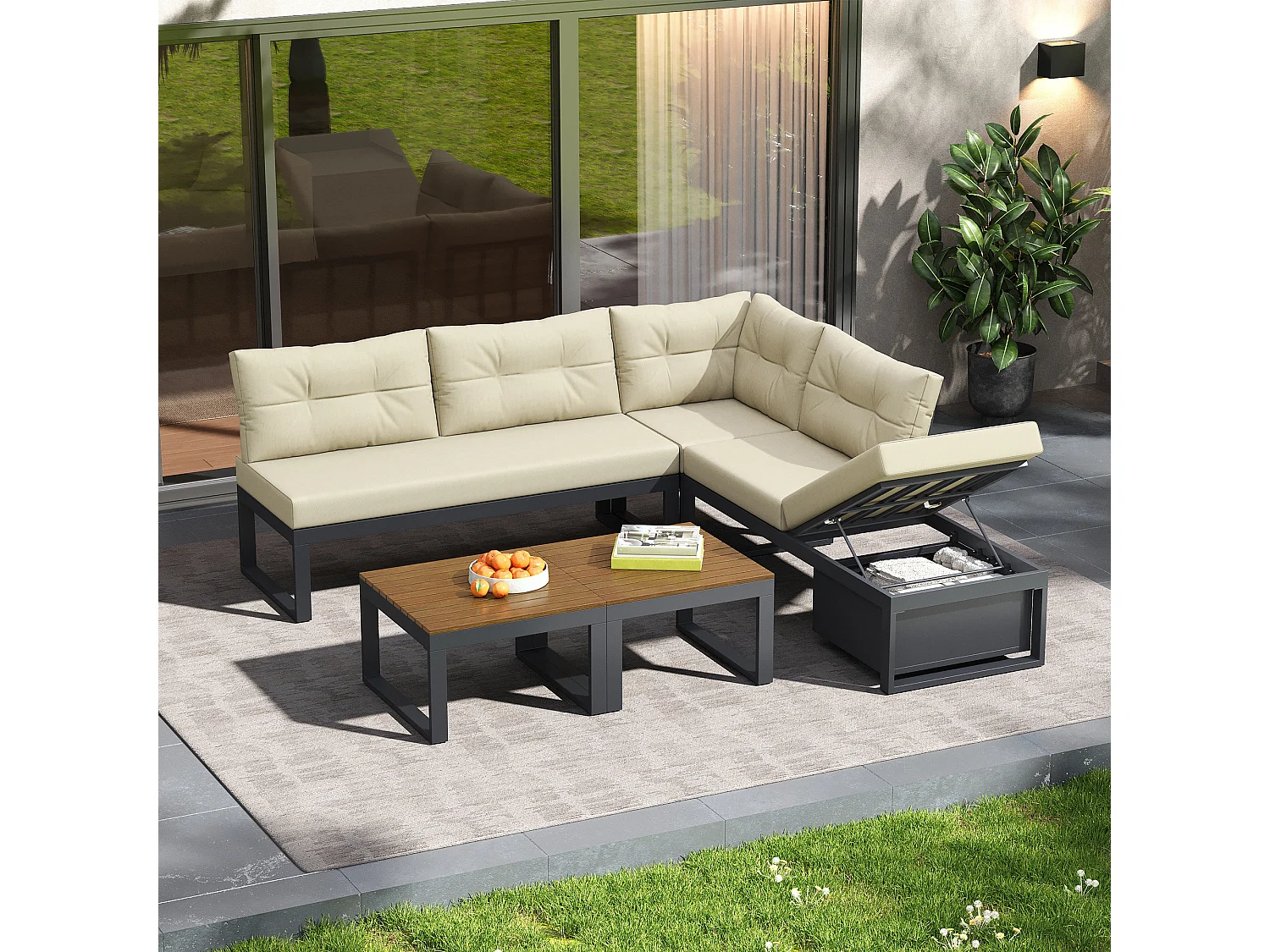 Conjunto de muebles de jardín con respaldo ajustable en 4 posiciones y función reclinable, espacio de almacenamiento y tejido de poliéster - beige