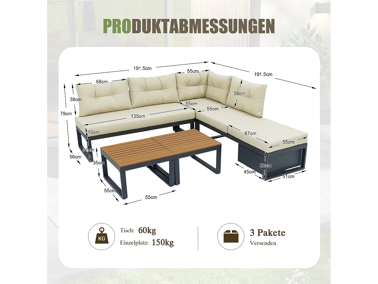 Conjunto de muebles de jardín con respaldo ajustable en 4 posiciones y función reclinable, espacio de almacenamiento y tejido de poliéster - beige