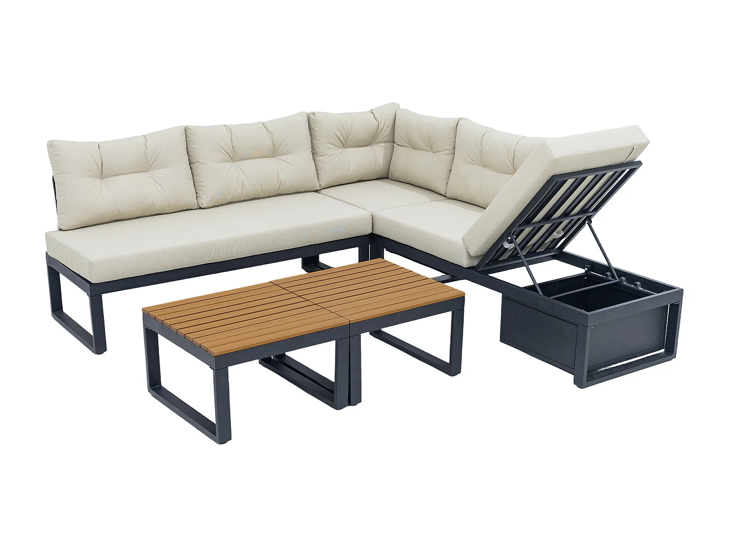 Conjunto de muebles de jardín con respaldo ajustable en 4 posiciones y función reclinable, espacio de almacenamiento y tejido de poliéster - beige