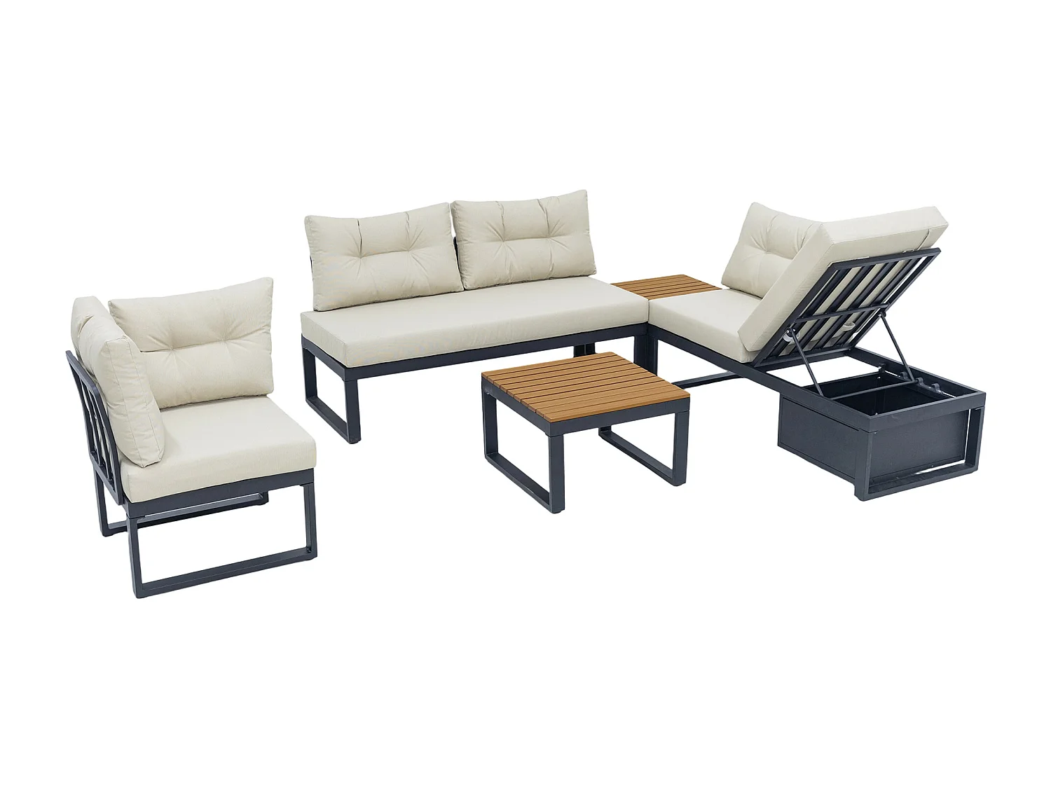 Conjunto de muebles de jardín con respaldo ajustable en 4 posiciones y función reclinable, espacio de almacenamiento y tejido de poliéster - beige