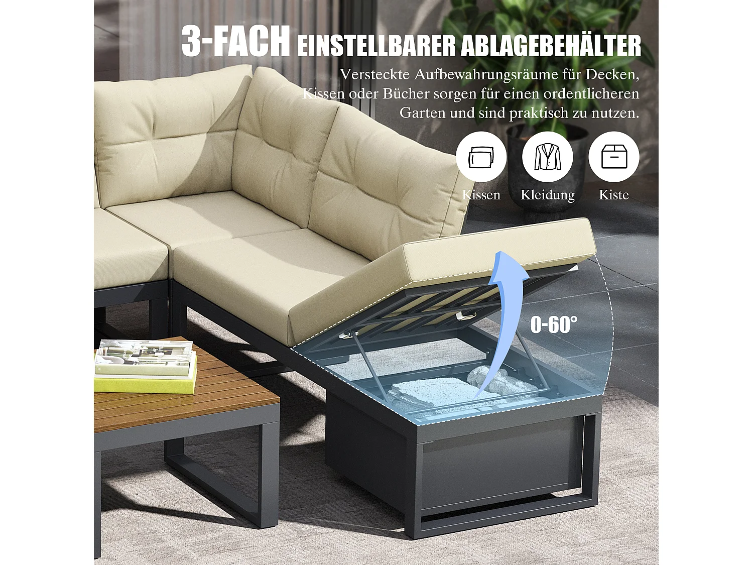 Conjunto de muebles de jardín con respaldo ajustable en 4 posiciones y función reclinable, espacio de almacenamiento y tejido de poliéster - beige