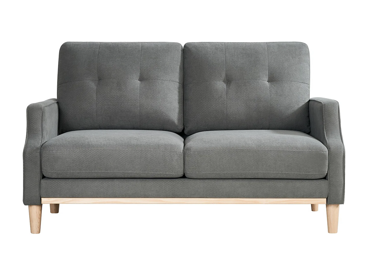 Canapé deux places avec ports USB et pieds en bois, doté de coussins épais, gris foncé