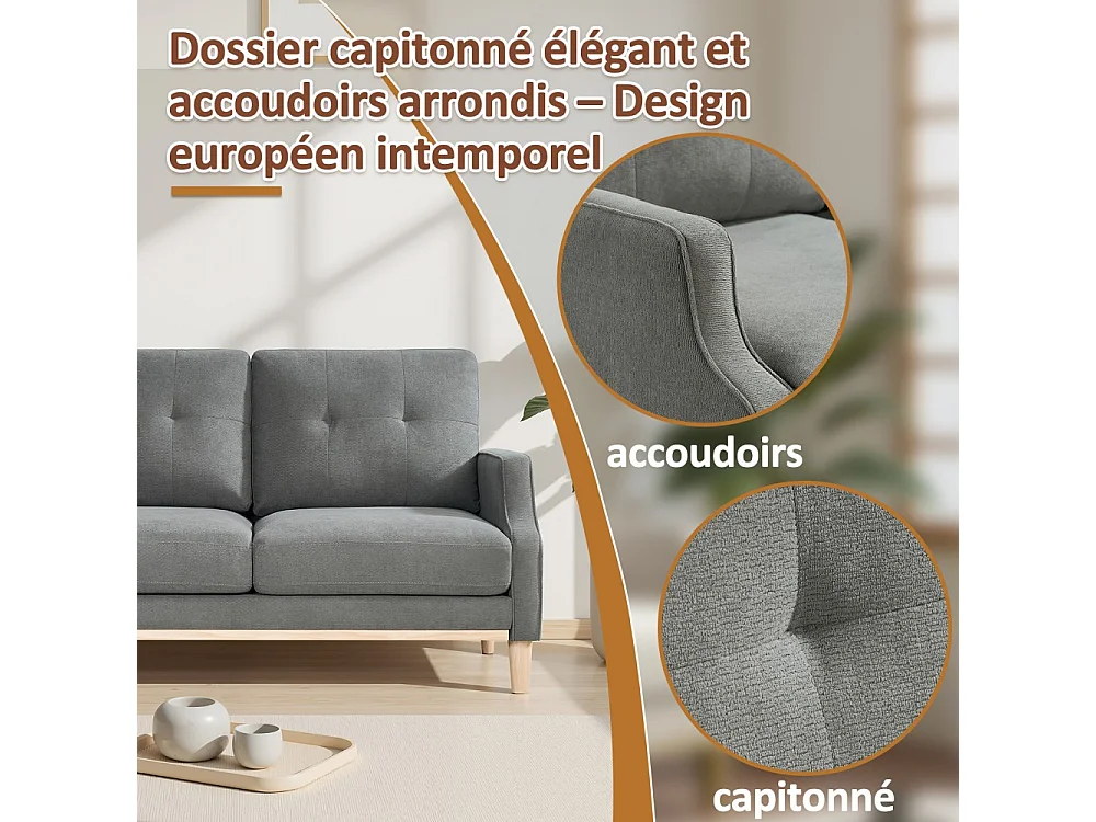 Canapé deux places avec ports USB et pieds en bois, doté de coussins épais, gris foncé