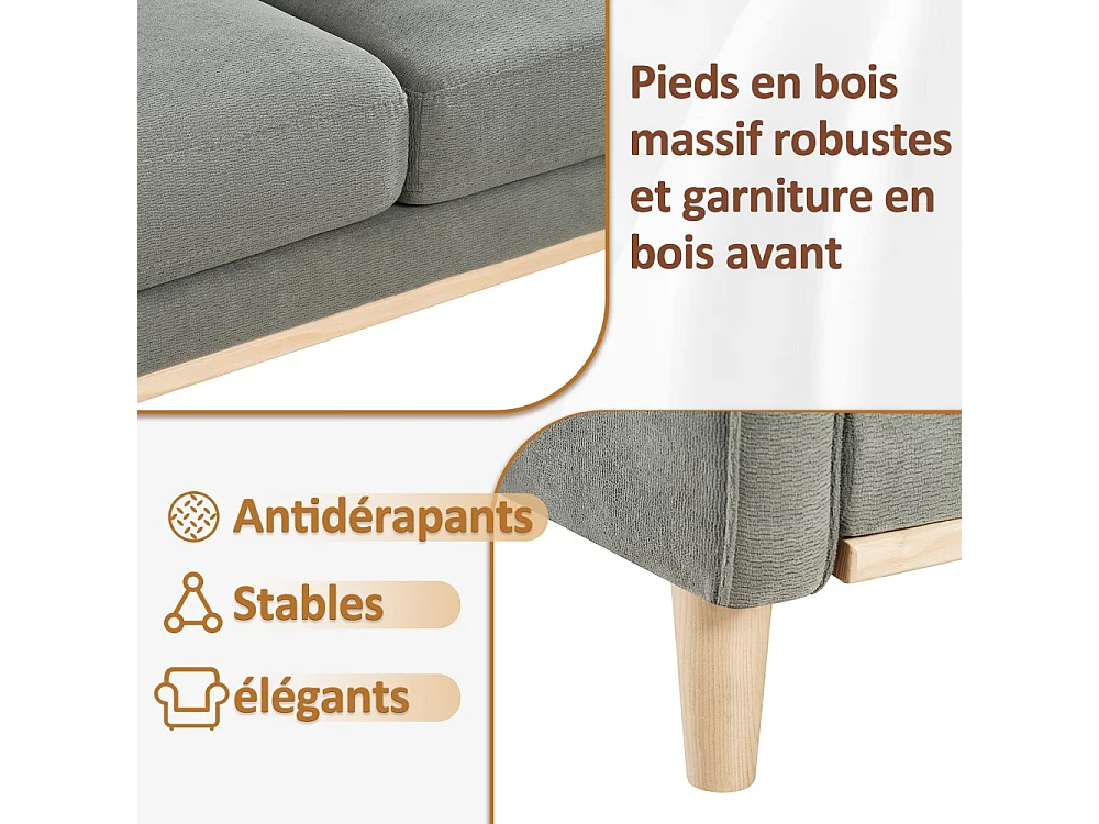Canapé deux places avec ports USB et pieds en bois, doté de coussins épais, gris foncé