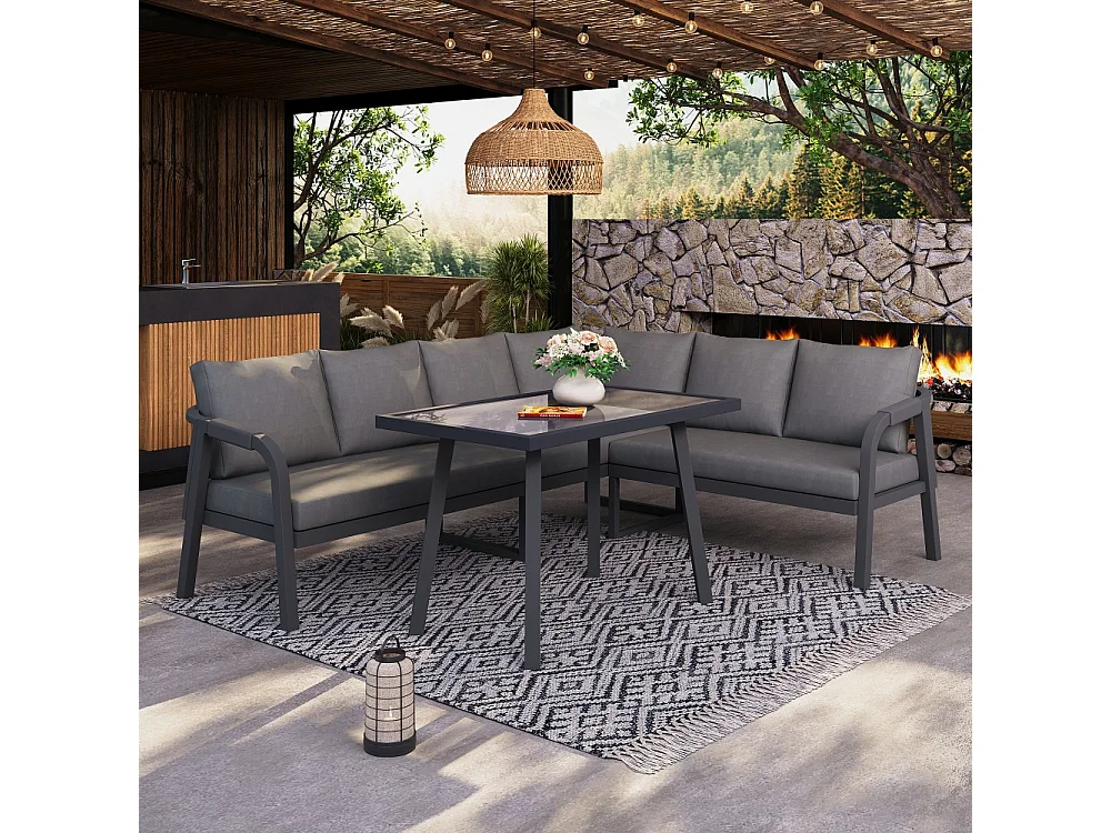 Set di mobili da giardino, braccioli e schienale intrecciati, tubi in acciaio zincato, grigio