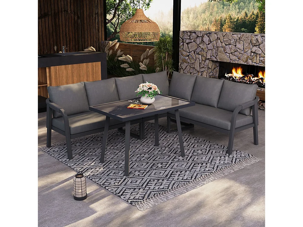 Set di mobili da giardino, braccioli e schienale intrecciati, tubi in acciaio zincato, grigio