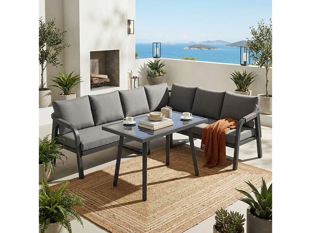 Set di mobili da giardino, braccioli e schienale intrecciati, tubi in acciaio zincato, grigio