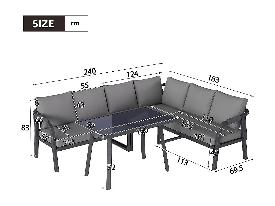 Set di mobili da giardino, braccioli e schienale intrecciati, tubi in acciaio zincato, grigio