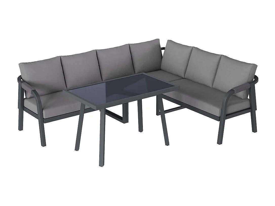 Set di mobili da giardino, braccioli e schienale intrecciati, tubi in acciaio zincato, grigio