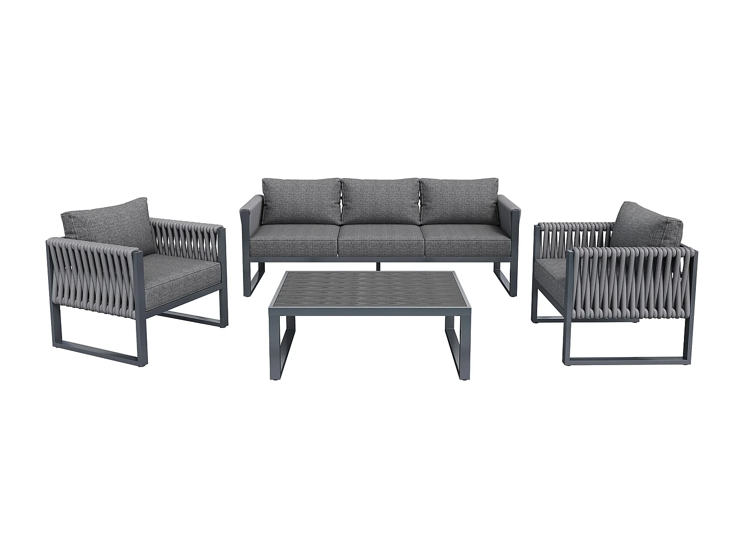 Conjunto de móveis de jardim, sofá de exterior para 5 pessoas com pés ajustáveis, estofado e estrutura metálica em aço inoxidável, cinza