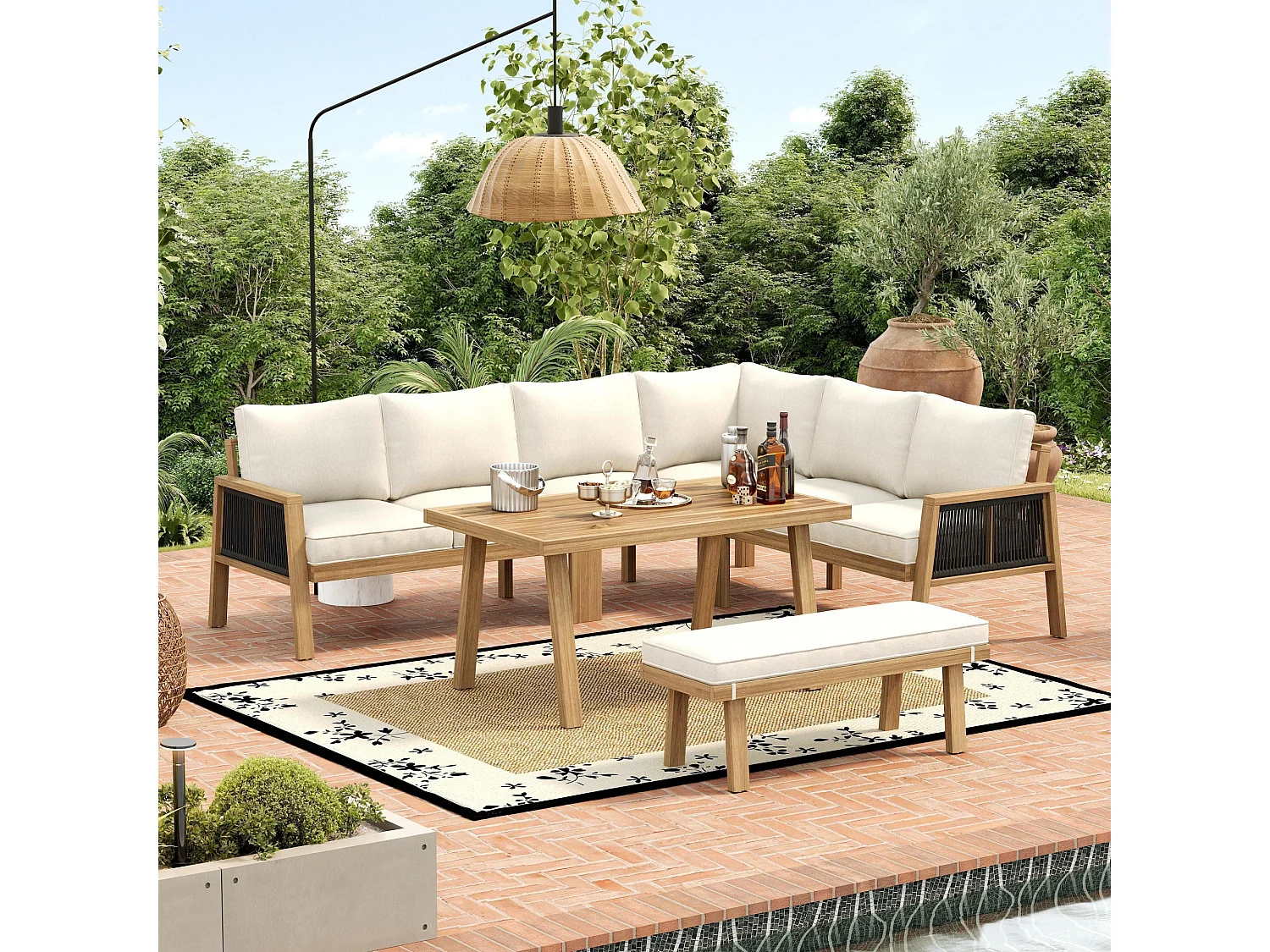 Tuinset, frame van acaciahout, blad van acaciahout, gevlochten touw, kleur naturel + crème