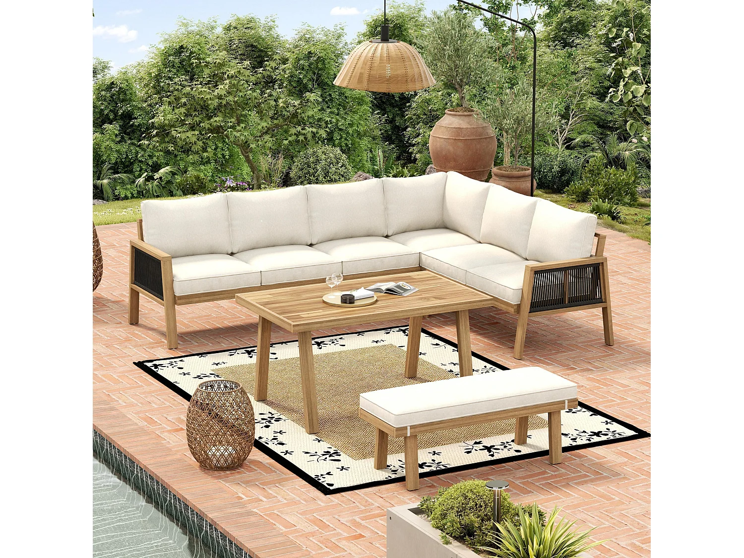 Tuinset, frame van acaciahout, blad van acaciahout, gevlochten touw, kleur naturel + crème