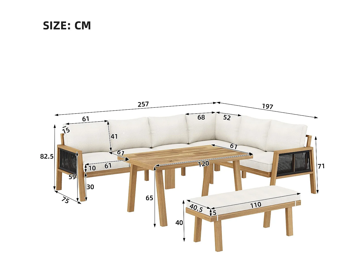 Tuinset, frame van acaciahout, blad van acaciahout, gevlochten touw, kleur naturel + crème