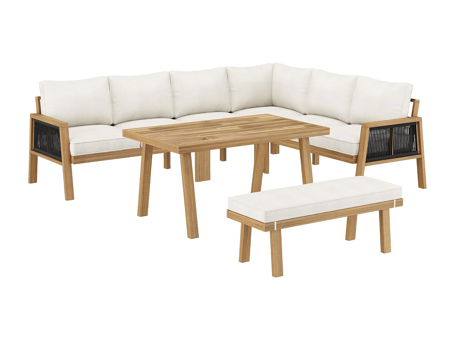 Tuinset, frame van acaciahout, blad van acaciahout, gevlochten touw, kleur naturel + crème