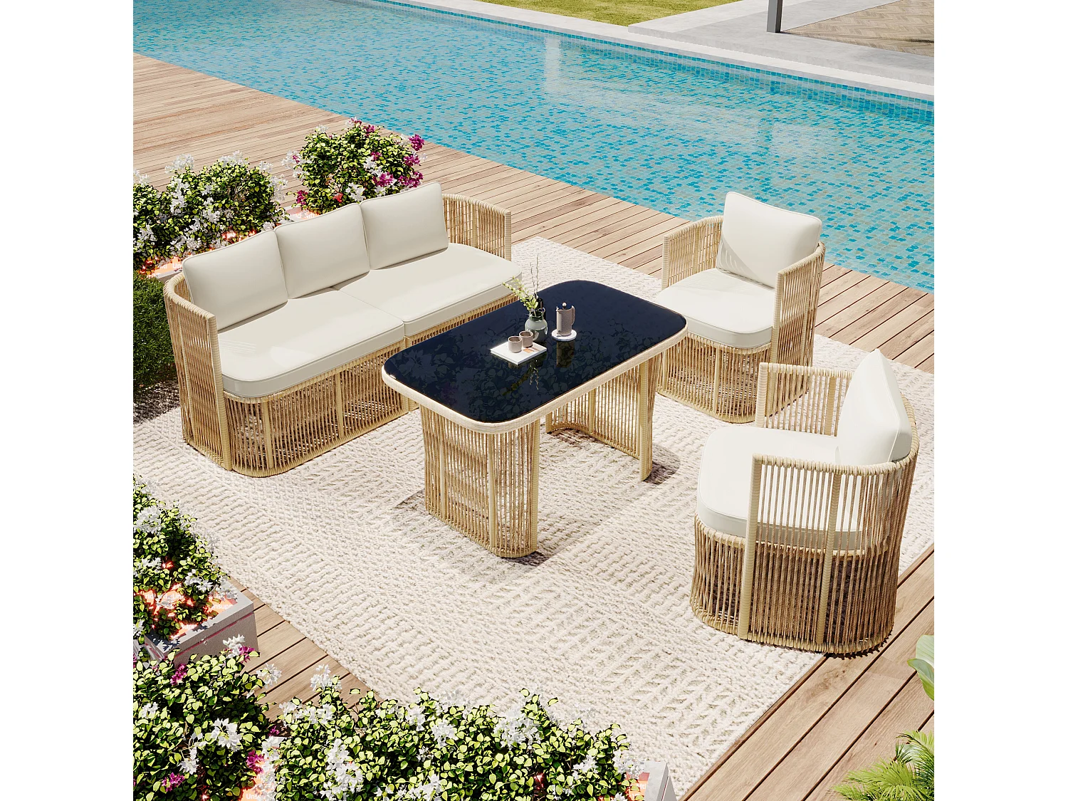 Set di mobili da giardino 5 pezzi, rattan PE, con cuscini in poliestere, struttura in acciaio e piano in vetro temperato, beige