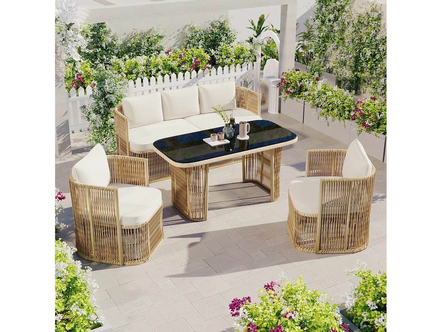 Set di mobili da giardino 5 pezzi, rattan PE, con cuscini in poliestere, struttura in acciaio e piano in vetro temperato, beige