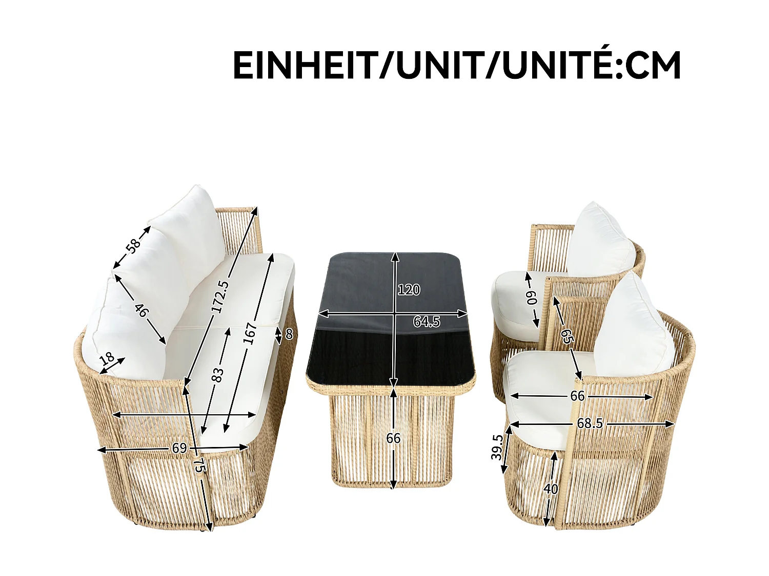 Set di mobili da giardino 5 pezzi, rattan PE, con cuscini in poliestere, struttura in acciaio e piano in vetro temperato, beige