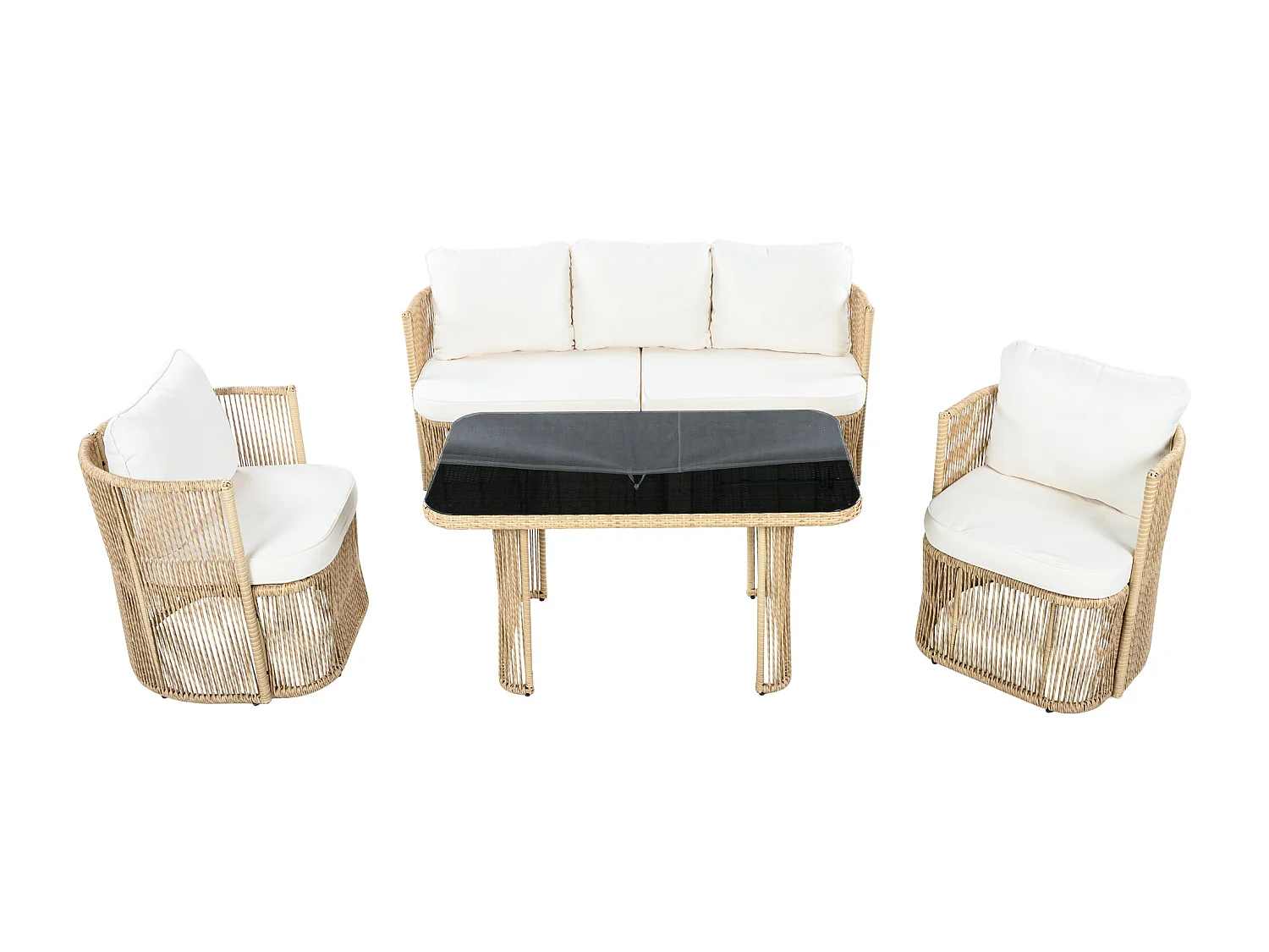 Set di mobili da giardino 5 pezzi, rattan PE, con cuscini in poliestere, struttura in acciaio e piano in vetro temperato, beige