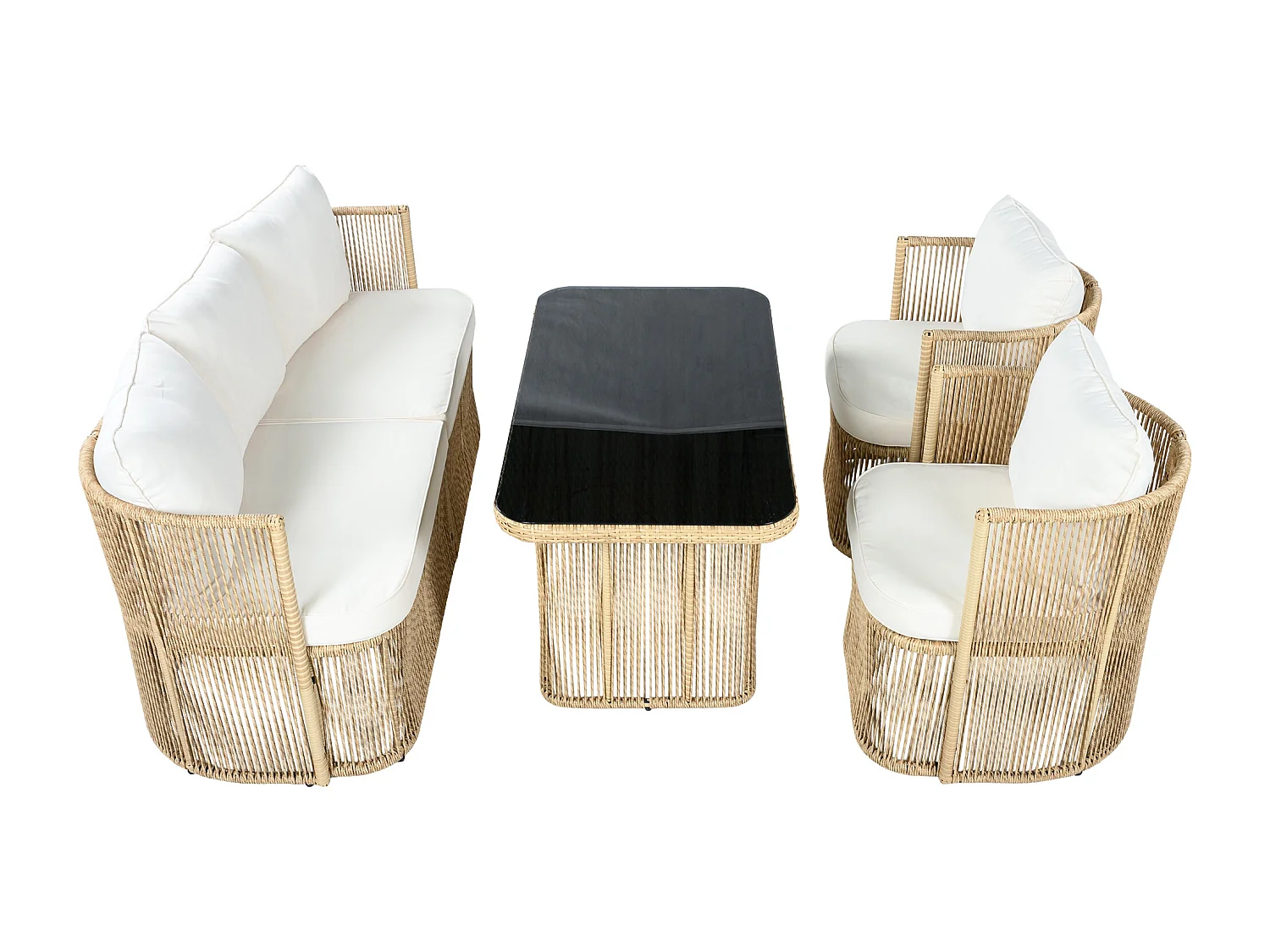 Set di mobili da giardino 5 pezzi, rattan PE, con cuscini in poliestere, struttura in acciaio e piano in vetro temperato, beige