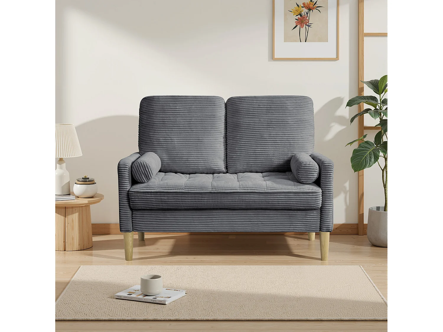 Canapé deux places en velours côtelé, style nordique, canapé rembourré avec coussins moelleux, gris