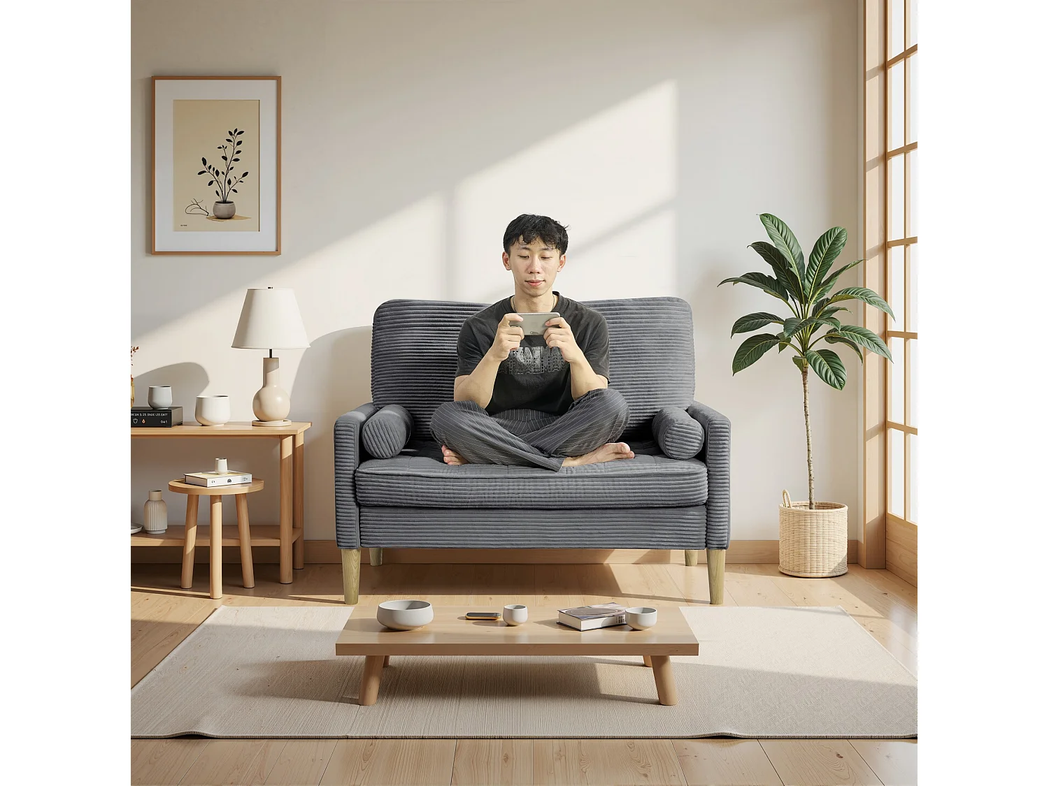 Canapé deux places en velours côtelé, style nordique, canapé rembourré avec coussins moelleux, gris