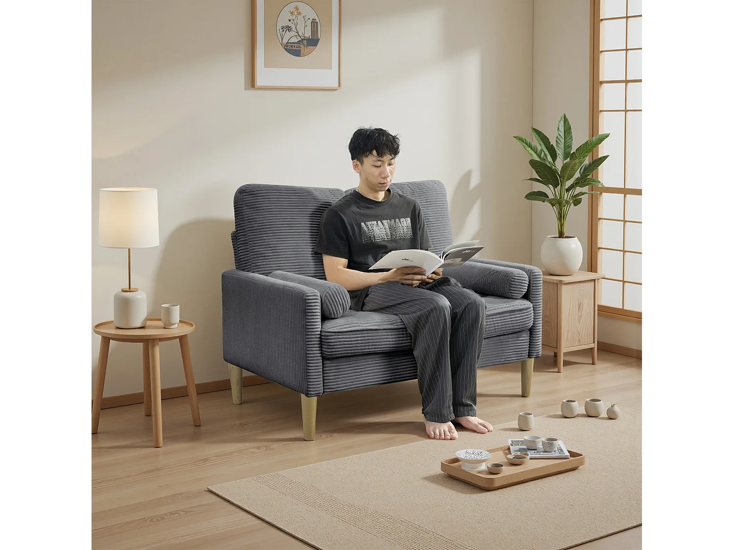 Canapé deux places en velours côtelé, style nordique, canapé rembourré avec coussins moelleux, gris