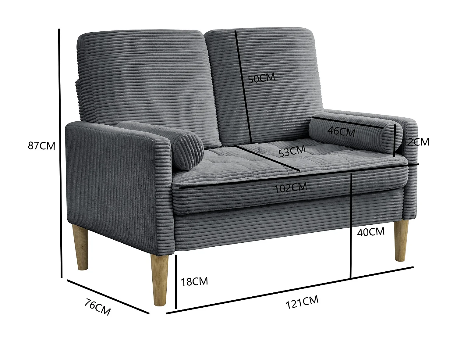 Canapé deux places en velours côtelé, style nordique, canapé rembourré avec coussins moelleux, gris