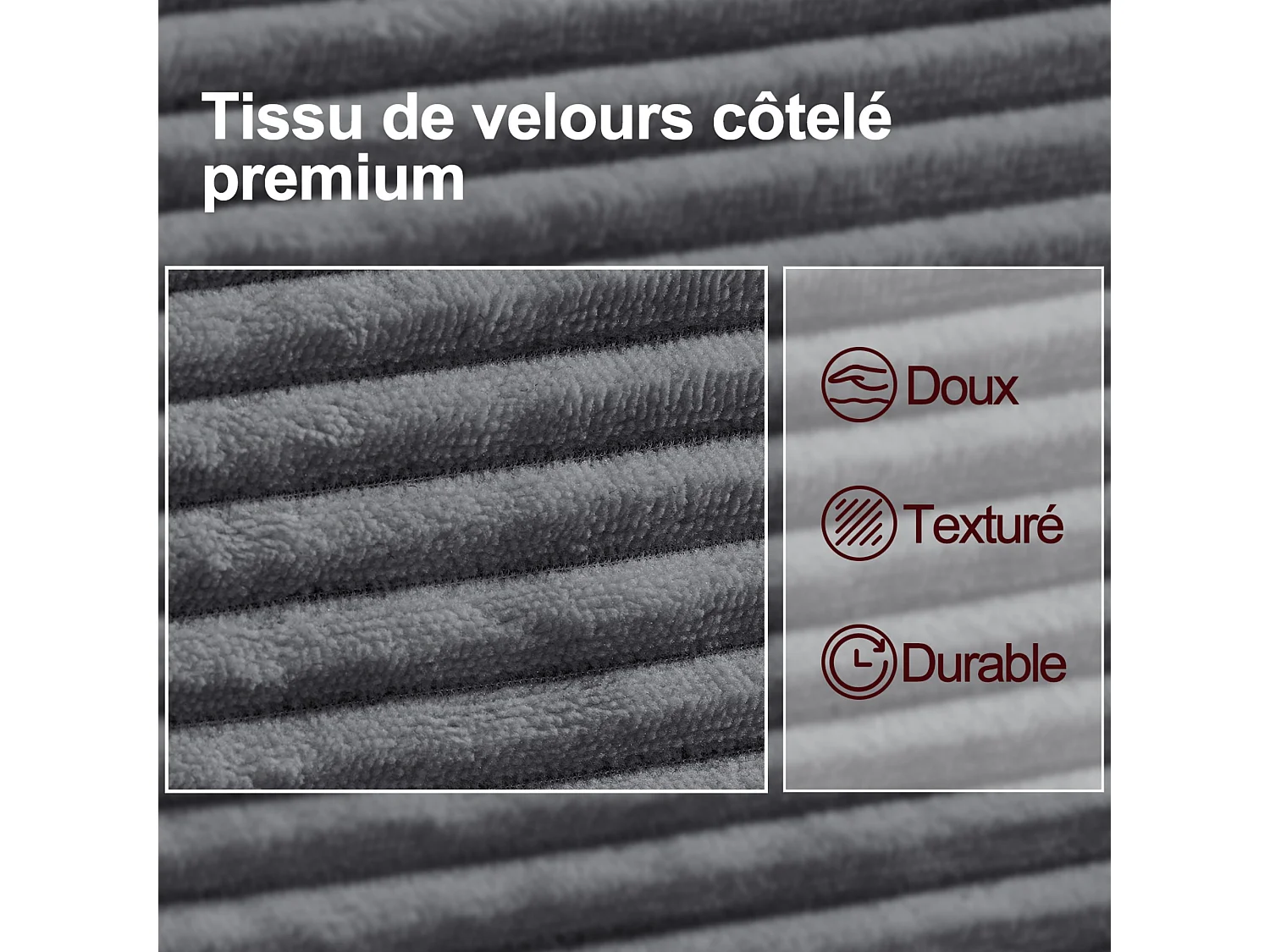 Canapé deux places en velours côtelé, style nordique, canapé rembourré avec coussins moelleux, gris