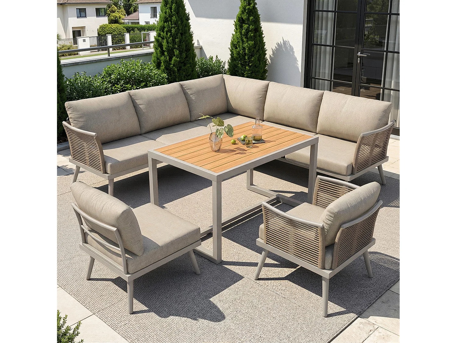 Canapé de jardin en L à sept places avec accoudoirs tressés, résistant aux intempéries, structure en fer, avec coussins et oreillers, beige