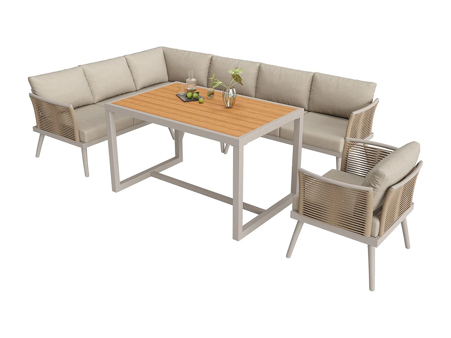 Canapé de jardin en L à sept places avec accoudoirs tressés, résistant aux intempéries, structure en fer, avec coussins et oreillers, beige