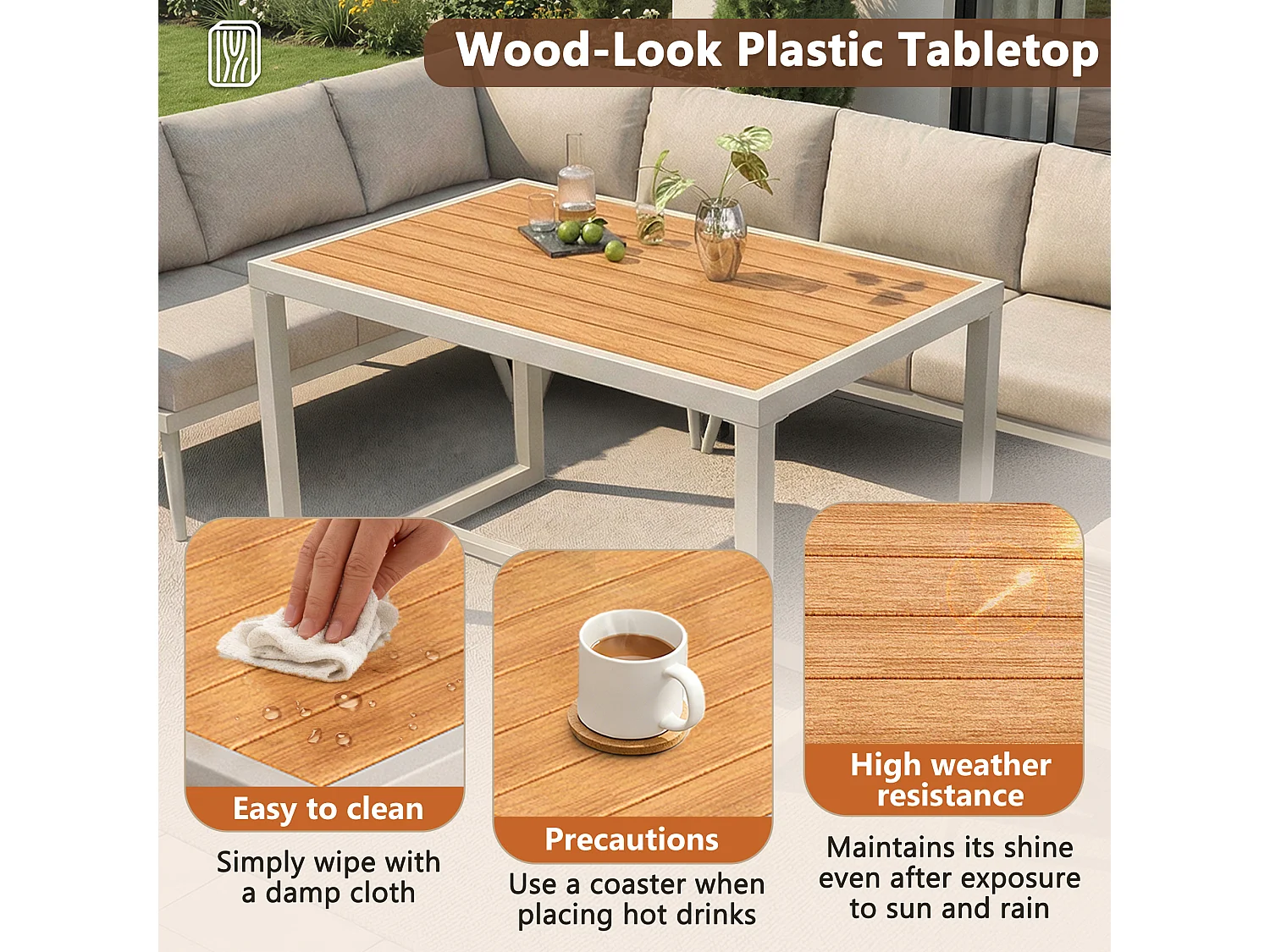 Canapé de jardin en L à sept places avec accoudoirs tressés, résistant aux intempéries, structure en fer, avec coussins et oreillers, beige