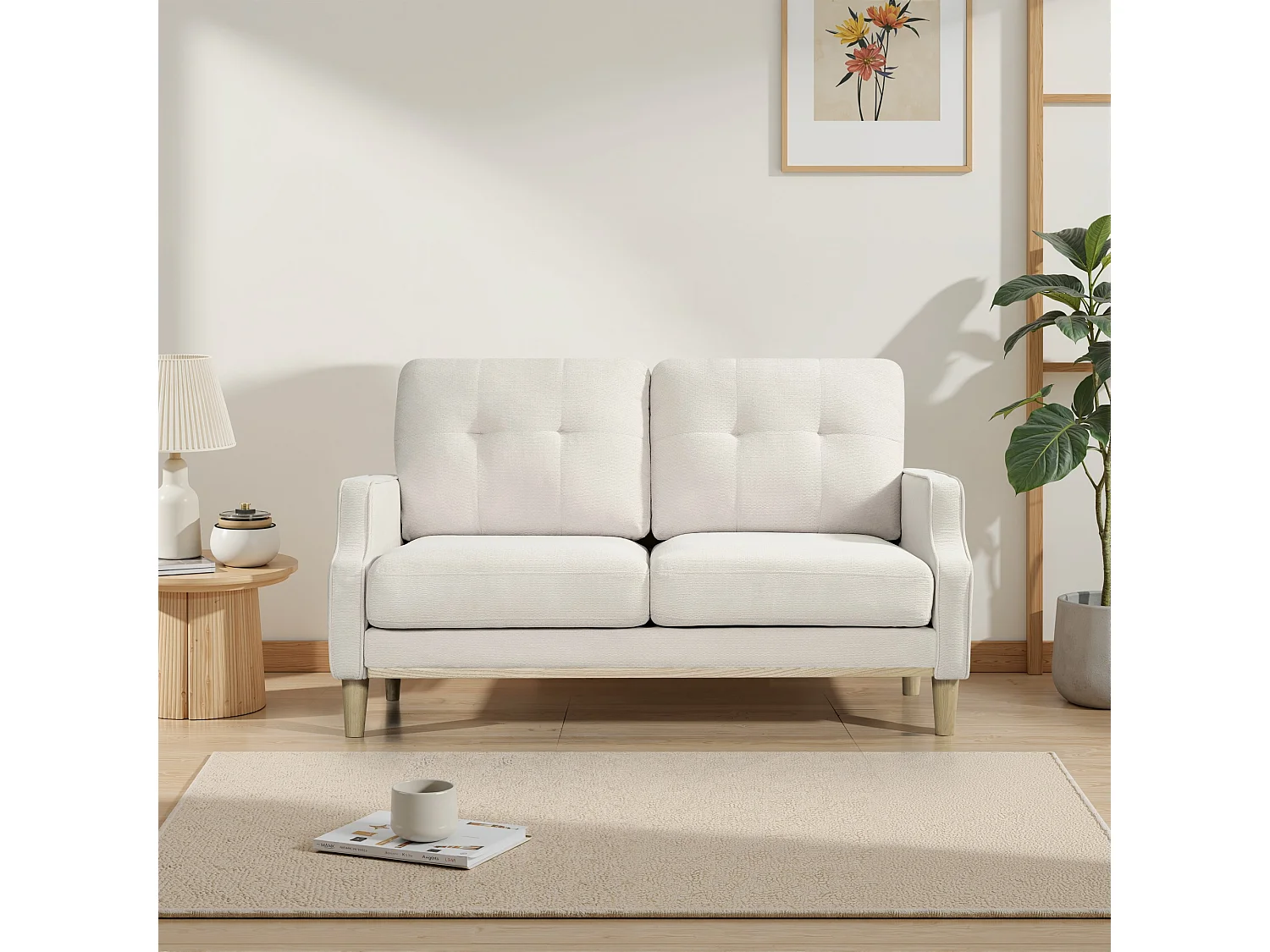 Sofá de dos plazas con puertos USB y patas de madera, con cojines gruesos, color beige