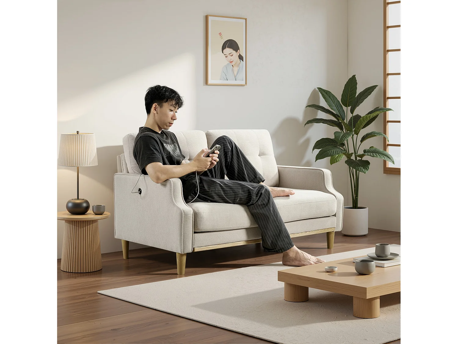 Sofá de dos plazas con puertos USB y patas de madera, con cojines gruesos, color beige