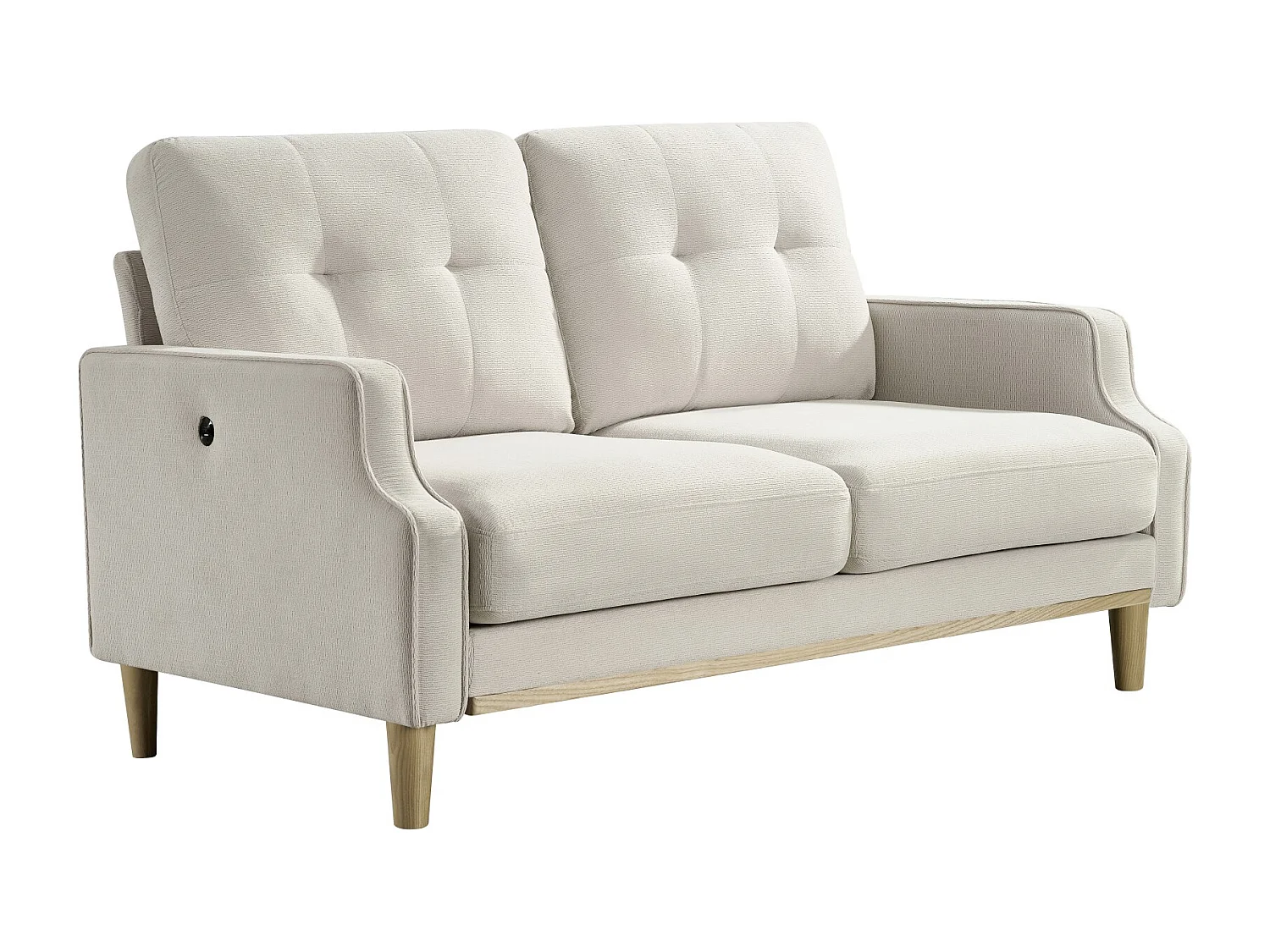 Sofá de dos plazas con puertos USB y patas de madera, con cojines gruesos, color beige