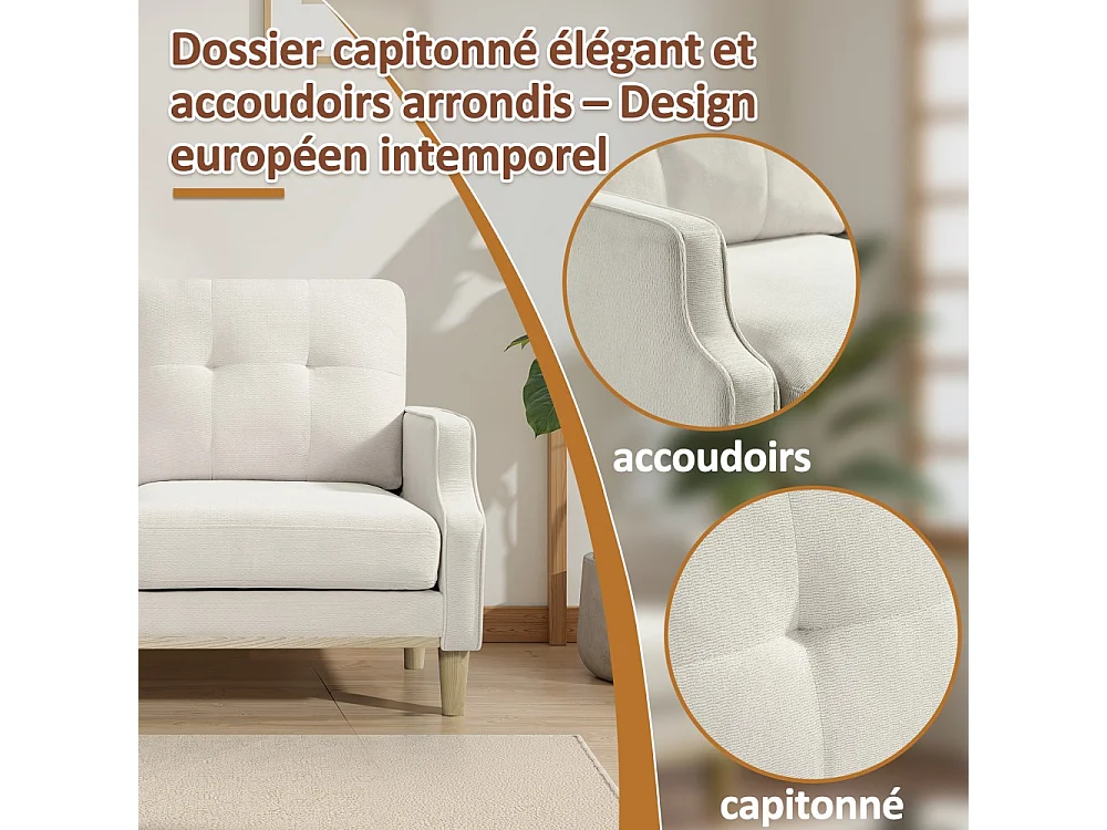 Sofá de dos plazas con puertos USB y patas de madera, con cojines gruesos, color beige