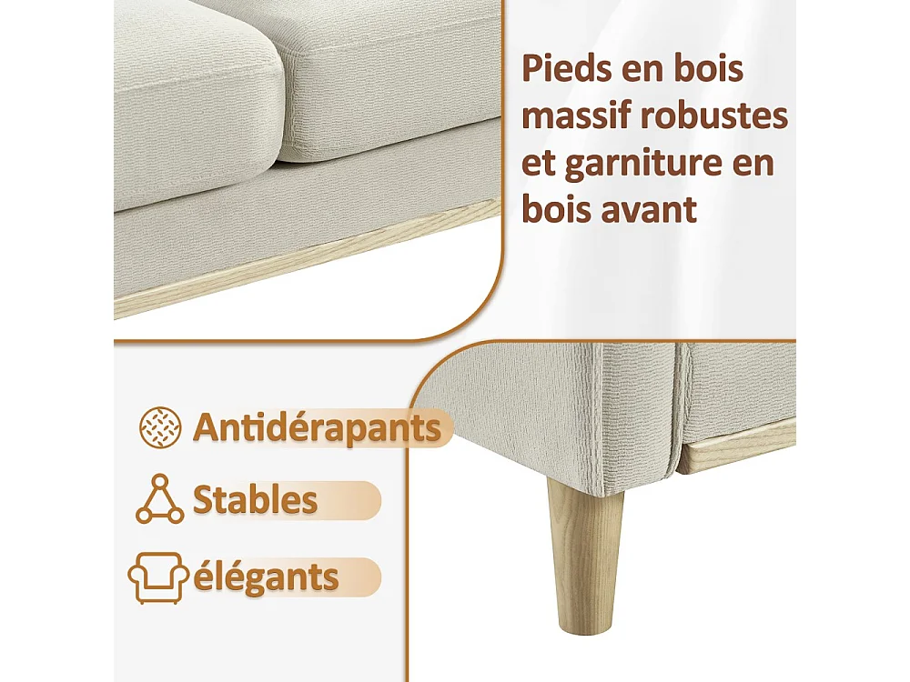 Sofá de dos plazas con puertos USB y patas de madera, con cojines gruesos, color beige