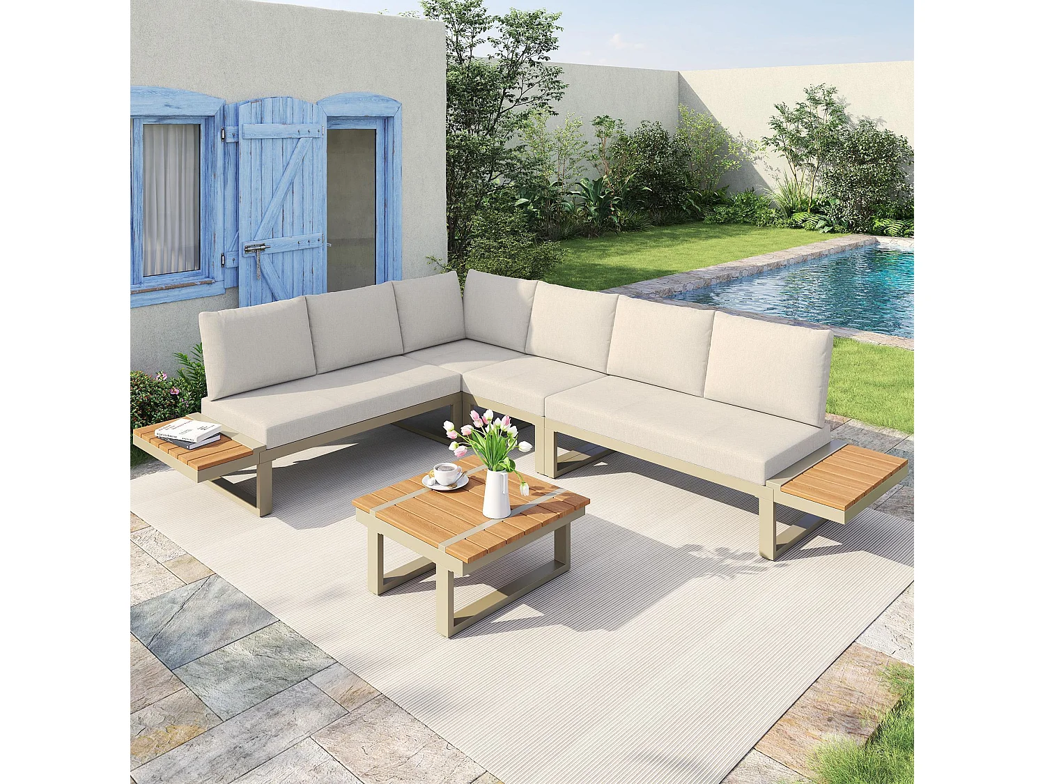 Mobilier de jardin, comprenant 2 chaises longues, avec inclinaison réglable, structure en tubes d'acier galvanisé,beige